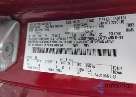 2014 Ford Escape Se из США, поврежденный, VIN 1FMCU9GX7EUD69734